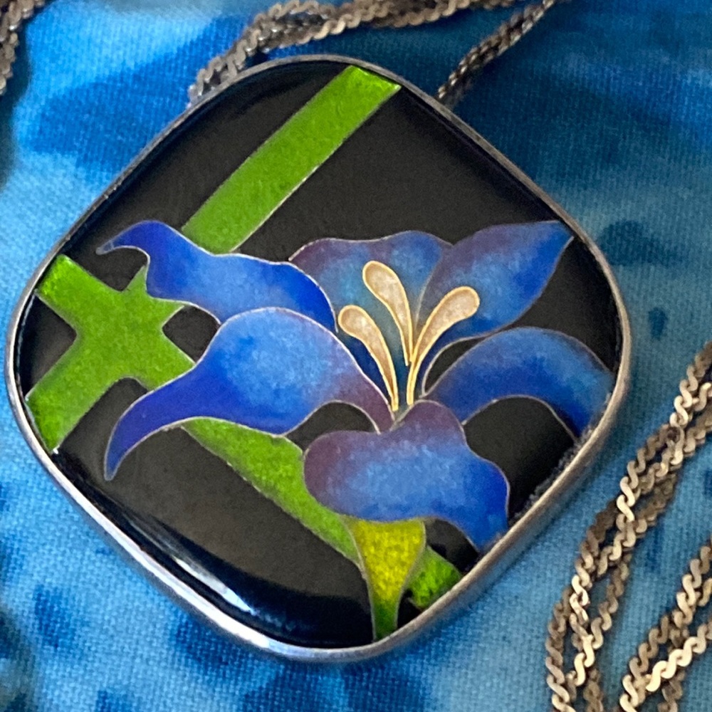 🌴925 Cloisonné Enamel Pendant/Brooch on Braided Sterling Chain